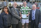 Gary Hurney is presented with his 'Man of the Match' award following his outstanding performance in the County Senior Football Championship victory over Stradbally at Fraher Field