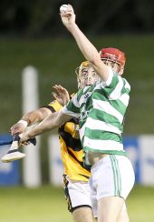Patrick Hurney rises high to catch the sliothar ahead of his Lismore marker during the County Senior Hurling Championship match at Fraher Field