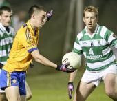 Seán O'Hare concentrates on getting a block in during the County Senior Football Championship Semi Final v the Nire