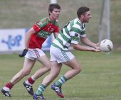 Shane O'Donovan offloads the ball to a team mate during the County Senior Football Championship match v Clashmore at Fraher Field 
